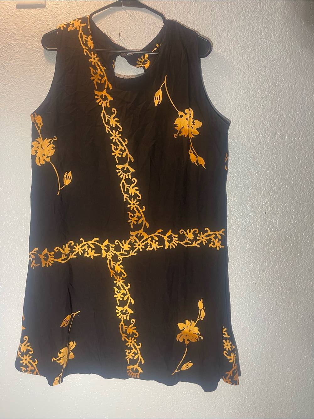 Sleeveless Black Dress with Gold Floral Print